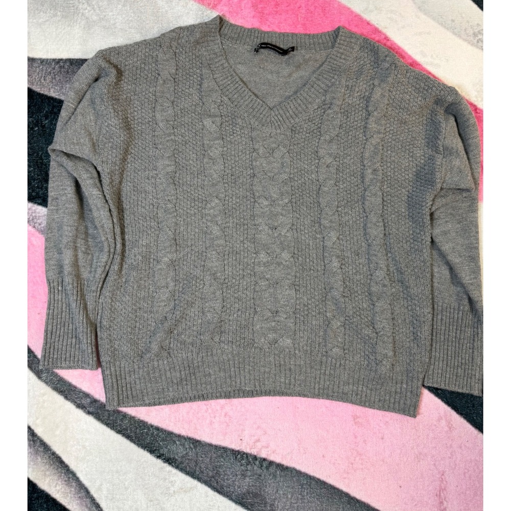 New York & Company Gray Cable Knit V-Neck Sweater Womens XL Pullover Long Sleeve